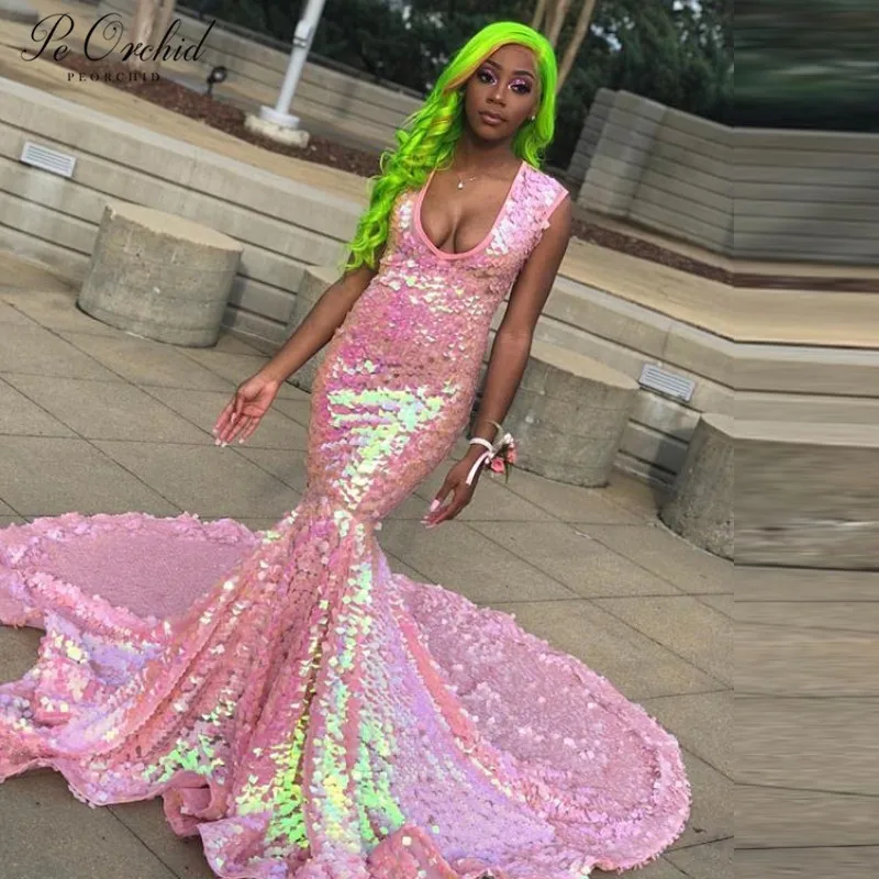 

PEORCHID Sparkly Sequin Pink Long Evening Formal Dresses African Sexy Court Train Mermaid Black Girls Prom Party Gowns 2019