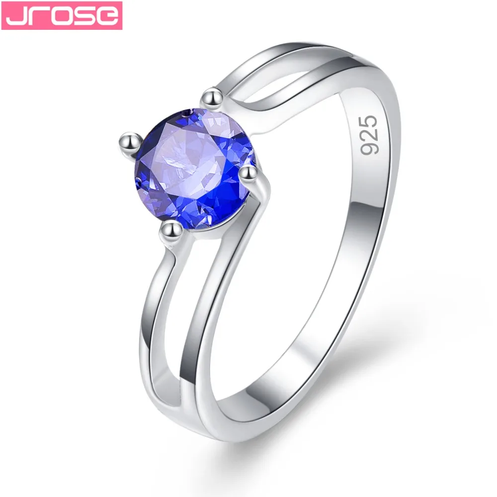 JROSE Wedding Engagement Round Cut Blue Rainbow Cubic zircon jewelry silver ring size 6 7 8 9 Solitaire fashion rings for women