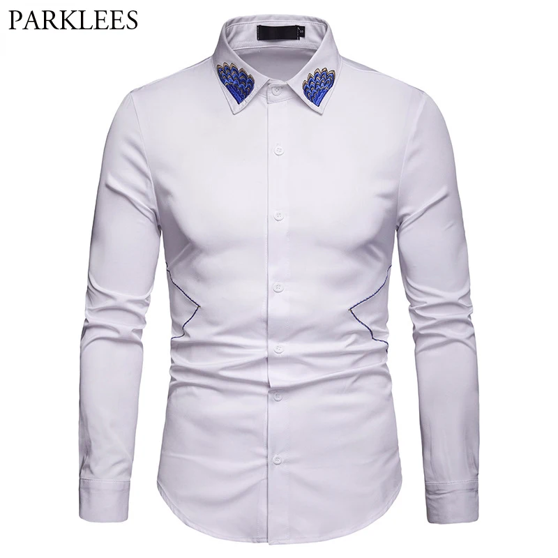 YYear Mens Embroidery Long Sleeve Lapel Regular Fit Fashion Button Down Shirts