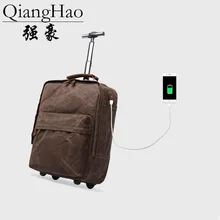 QiangHao 16 дюймов Ретро USB сумки на колёсиках для мужчин чемодан в деловом стиле колёса холст тележка для каюты Multi Сумка дорожная