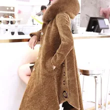 Роскошное Женское зимнее модное пальто из натуральной шерсти с большим капюшоном из лисьего меха, женская одежда высокого класса, верблюжий, черный, xxl