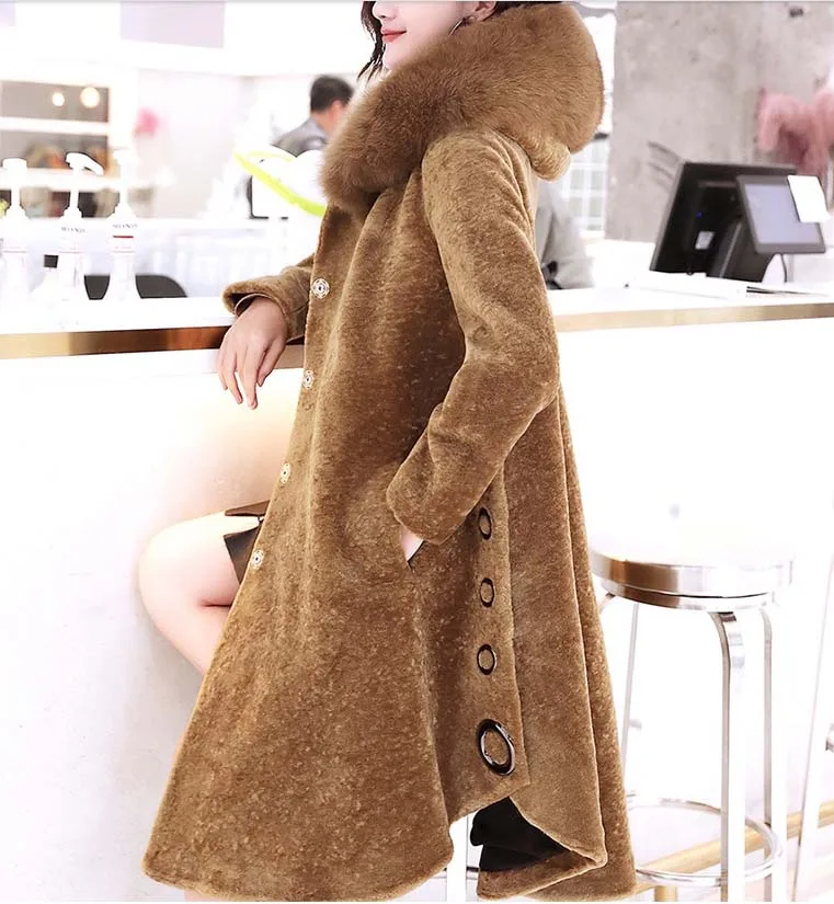 camel coat with fur hood