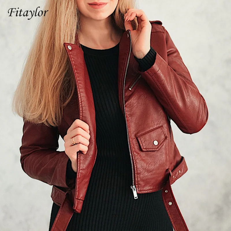 Acheter Fitaylor 2019 printemps automne femmes Faux cuir souple veste à manches longues rose Biker manteau Zipper Design moto PU rouge veste