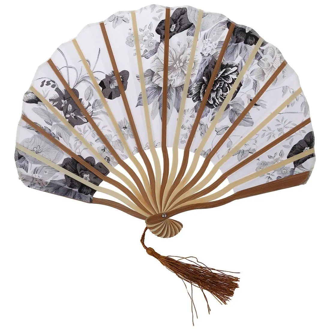 Hot Sale Chinese Gray Peony Blossom Fabric Bamboo Folding Dancing Hand Fan White