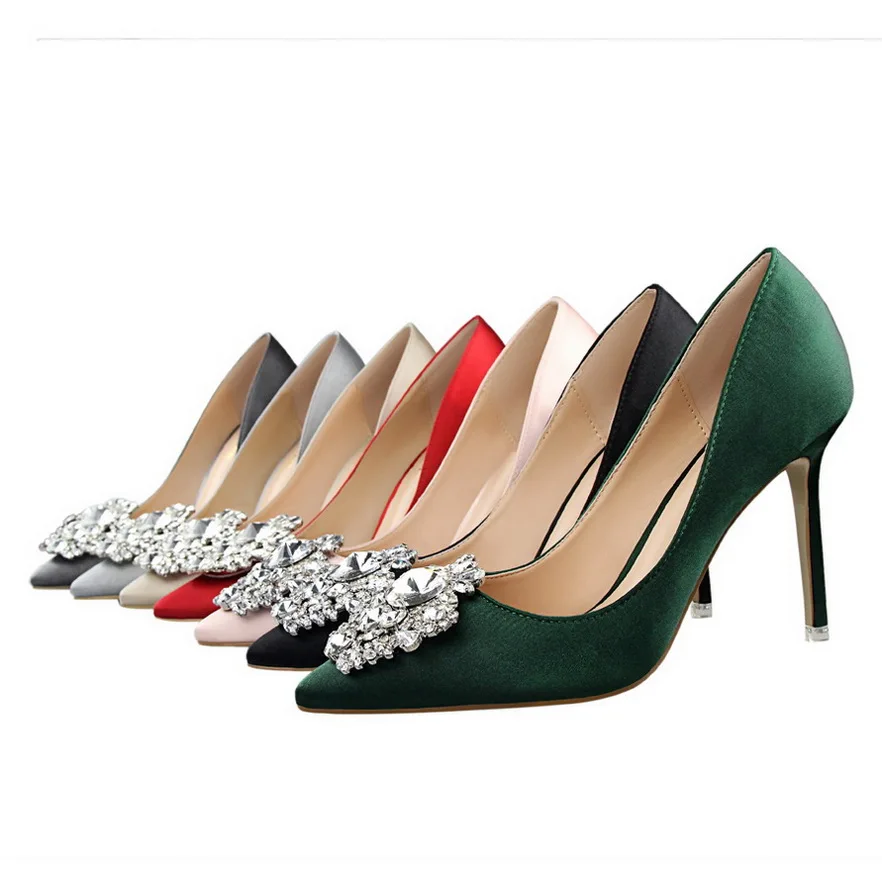 BIGTREE Silver Gray Black Women Bridal Wedding Shoes Faux Silk Satin Rhinestone Crystal Shallow Woman Pumps Stiletto High Heel