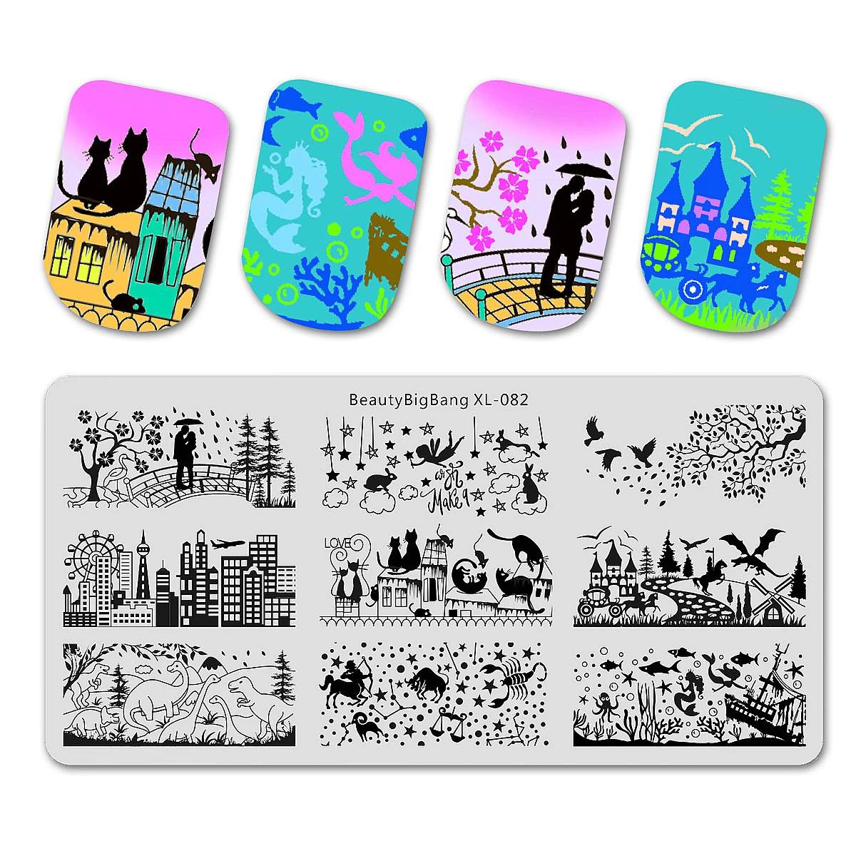 

BeautyBigBang Stamping Plates Park Dinosaur Cat City Tree Nail Mold Star Building Image Template Nail Art Stamping Plate XL-082