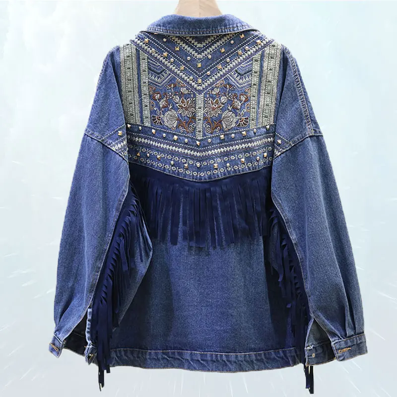 

2019 New Spring Tassel Denim Jacket Fashion Women Autumn Outwear Loose Retro Rivets Embroidered Jean jacket casaco feminino S244