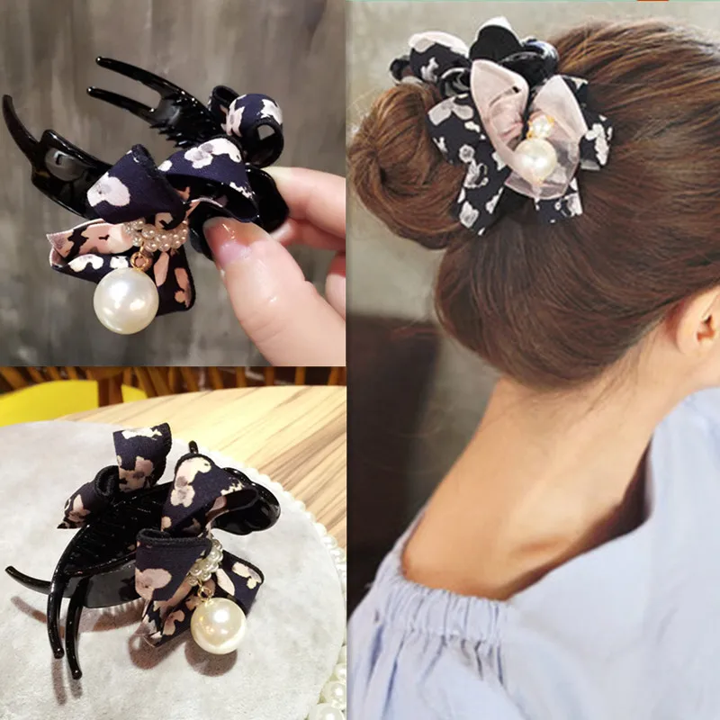 

Korea Fashion Girls Floral Printed Hair Claws Imitiation Pearl Yarn Hair Clip for Women Hair Accessories Crab for Hair