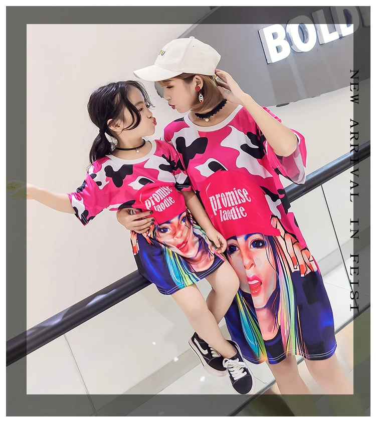 

mommy and me dress 2019 summer fashionable printed tshirt mother daughter dress same clothes mom and daughter U0008