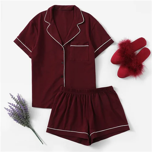 Burgundy SHEIN Рубашка С Контрастной Отделкой И Шорты Пижама Комплект Женская Повседневная Пижама С Коротким Рукавом - Цвет: Burgundy