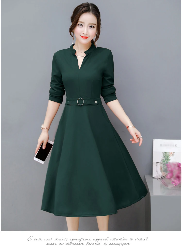 Черное офисное платье весна осень с длинным рукавом рабочая одежда Платья для вечеринок зеленое красное однотонное платье-рубашка винтажное тонкое женское платье