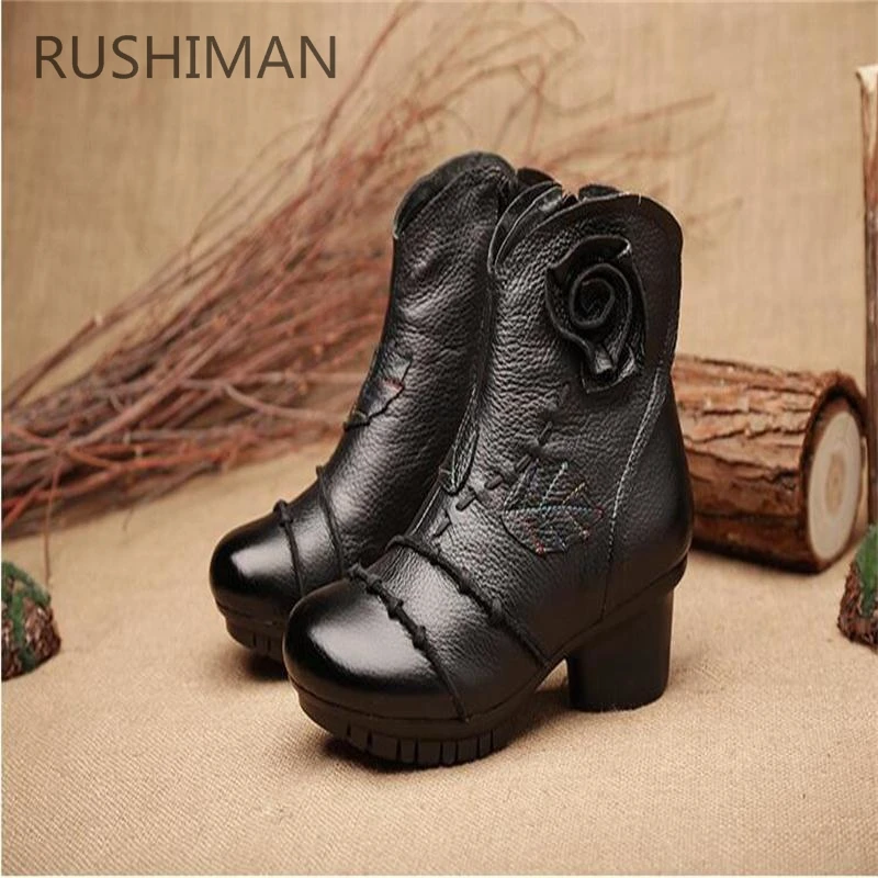 

RUSHIMAN National ankle boots genuine leather female heel Martin boots hand-made shoes plus plush warm cotton BLACK boots 35-41