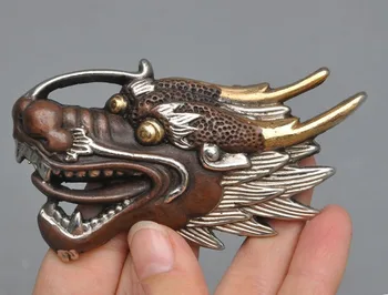 

christmas Old Chinese pure bronze Gilt Silver Fengshui Dragon Head Amulets belt buckle halloween