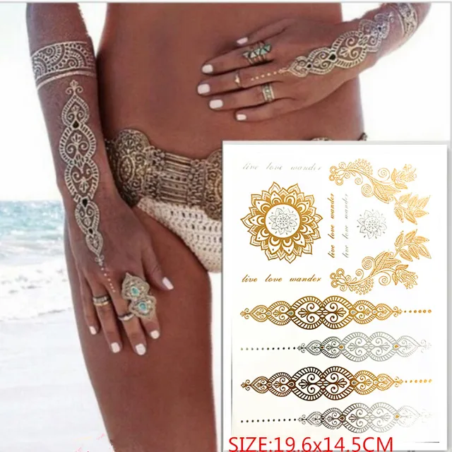 Горячие продаж временная татуировка Золотая тату интимные изделия ожерелье браслет татуировки металлические женщины вспыш металлик Золото Серебро татуировки