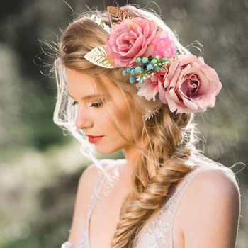 Floral Rose Flower Headband Flower Crown for Bridesmaid Garland Floral Crown Handmade bride flower crown rose headband hippie love flower garland crown valentine wedding hair wreath boho floral headband artificial flower headwear crown