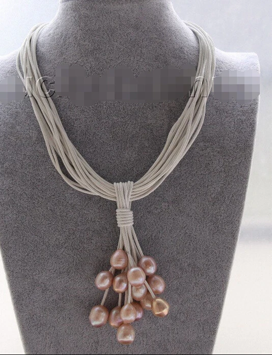 

>>>>Choker 16" 15row 14mm pink-purple pearls white leather Pendant necklace j9547