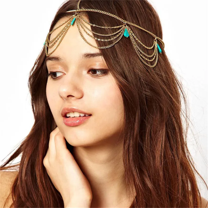 2017 A Women Head Turquoise Chain Jewelry Headband Party Headpiece