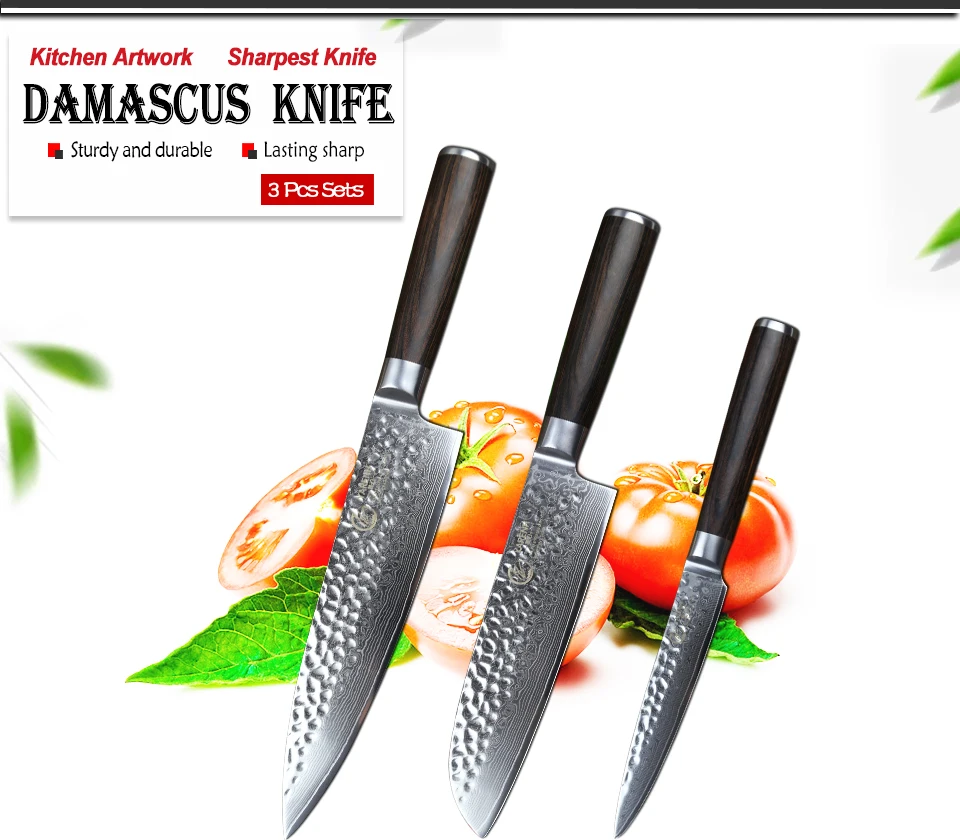 YARENH 3 Pcs Professional Damascus Steel Kitchen Knife Sets 8 Inch