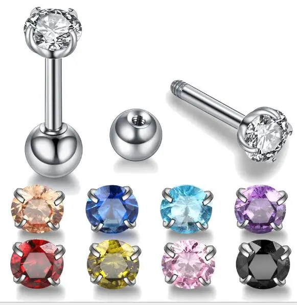 Medical titanium steel zircon earrings Size 4mm Round Colorful Crystal