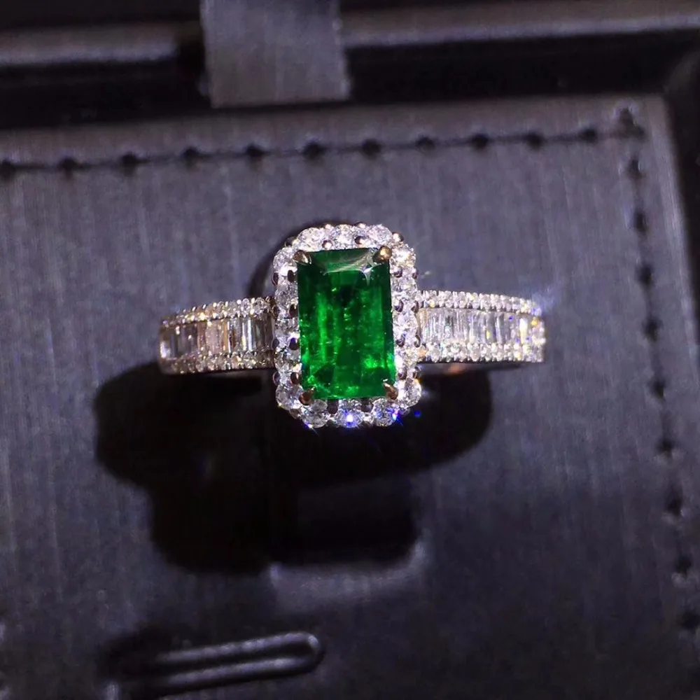 

Fine Jewelry Real Pure 18K White Gold 100% Natural Emerald Gemstone 0.9ct Diamond Female's Wedding Rings for Women's Fine Rings