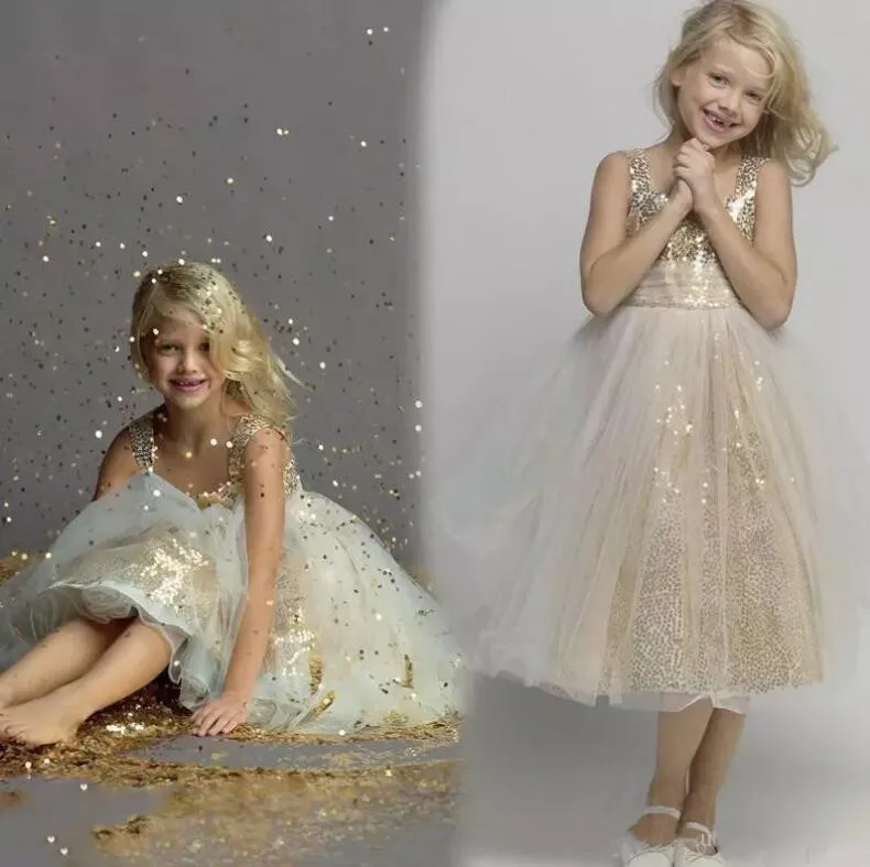 

New Champagne Sequined Flower Girl Dresses Princess Little Kid Pageant Party Pageant Dresses Custom Made