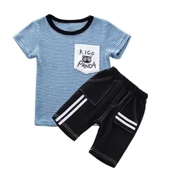 Комплект одежды для мальчиков, летняя футболка для малышей, Повседневная футболка в полоску с короткими рукавами + Шорты, модный комплект