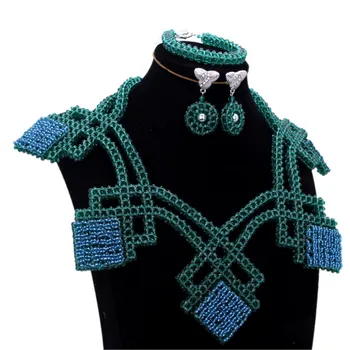 

Luxury Fine Jewelry Sets For Women Teal Green Geometric Costume African Beads Jewellery Set For Nigerian Wedding Brides 2018 New