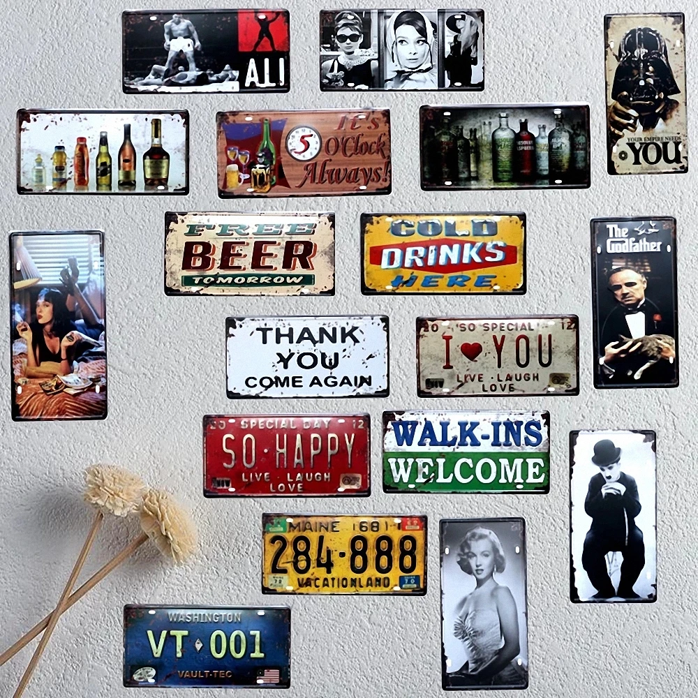 

24 PCS Mix Items Metal Painting Vintage Wall Sticker in plaques & signs Car License Plate Bar Cafe Home Hostel Decor 15X30 CM