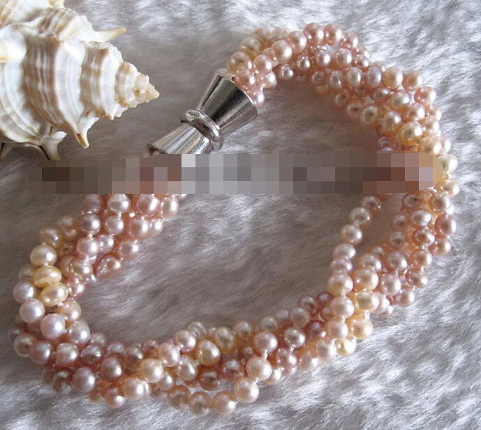 

FREE SHIPPING>>>@@ 1047 Peach Pink Lavender 5Row Freshwater Pearl Bracelet Jewelry