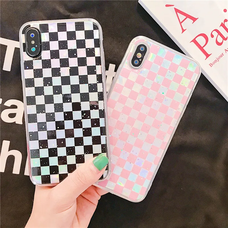 

Mr.orange Glitter Grid Phone Case For iPhone 6 6S 7 8 Plus X Lattice Laser Woven Pattern IMD Soft Protector Back Cover Case