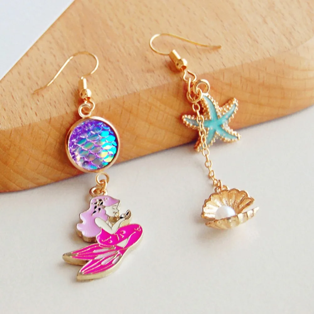 

Korean New Cute Starfish Metal Shell Asymmetric Drop Earrings For Women Simulated Pearl Fashion Vintage Brincos
