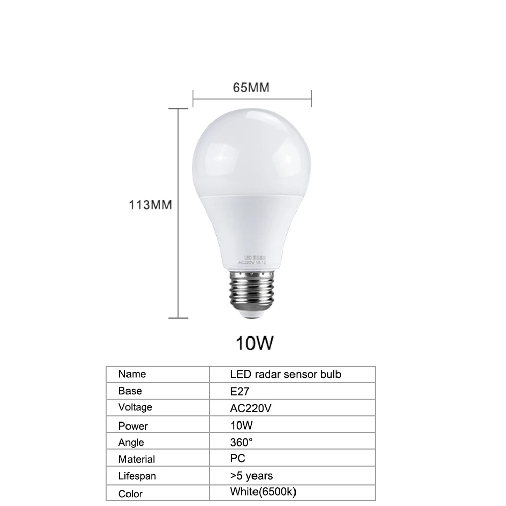 10 Вт, 15 Вт, 20 Вт, Ампульный светодиодный светильник E27 с датчиком радара, лампа 220 В, PIR датчик движения, умный светодиодный светильник, автоматическое выключение/включение 6500K A65 A70 A80 - Испускаемый цвет: 10W