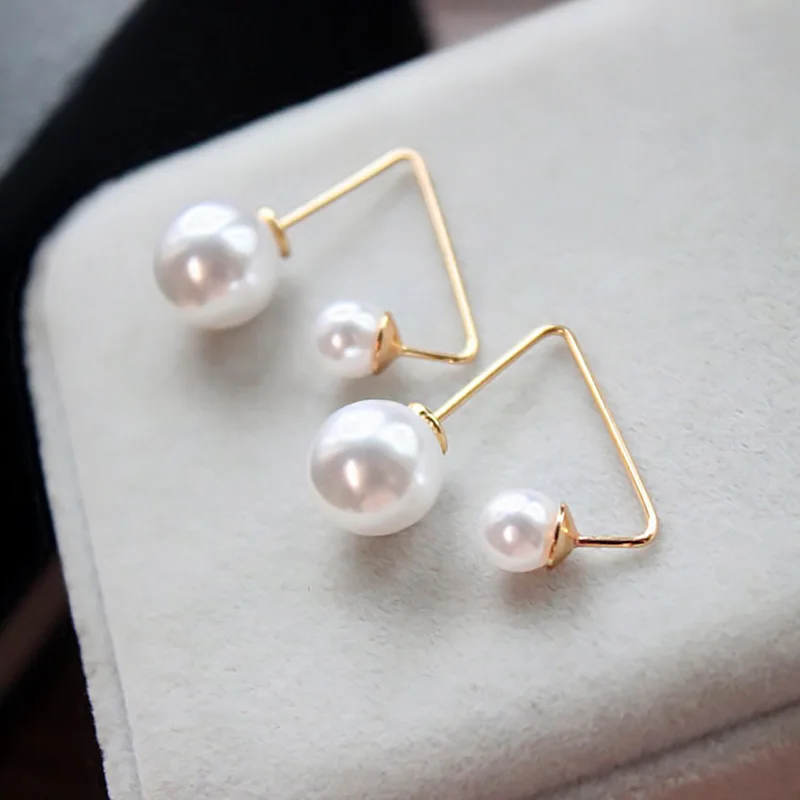 

2019 Modern Women Korean Minimalist Gold Triangle Both Side Pearl Stud Earrings Ladies Pearls Earrings For Wedding Party Studs