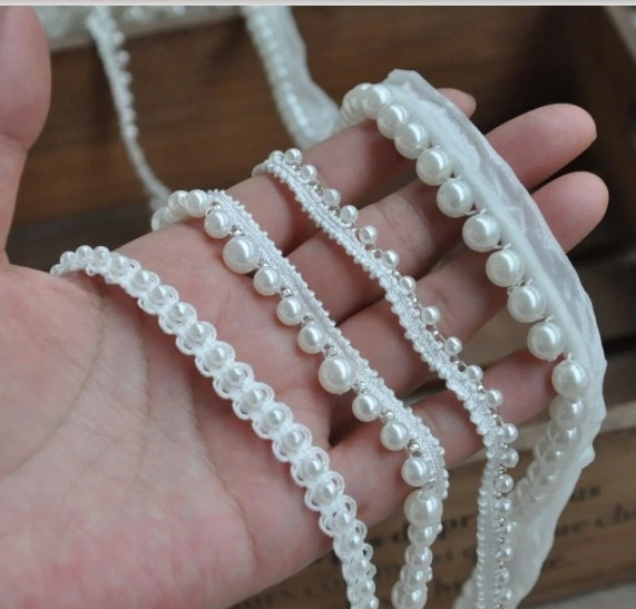 

Free Shipping 3Yd Fake Pearl Beaded Lace Trim Vintage Mesh Fabric Paillette Lace Beaded Pearl Trim Braid Lace Applique RS679