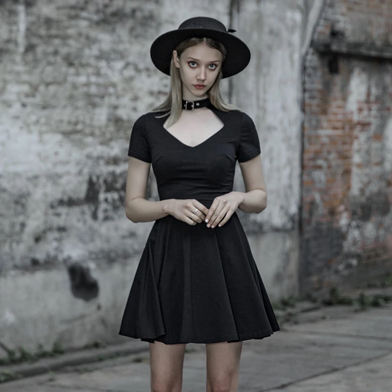 

PUNK RAVE 2019 New Sexy Women's Black Punk Dresses Summer Hollow-out Black V-neck Short dress Pleated Gothic Party Dress