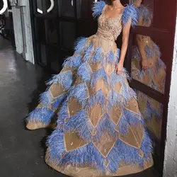 SuperKimJo vestido de festa Синий Выпускные платья с перо бисер Кристалл бальное платье органза Пол Длина вечерние