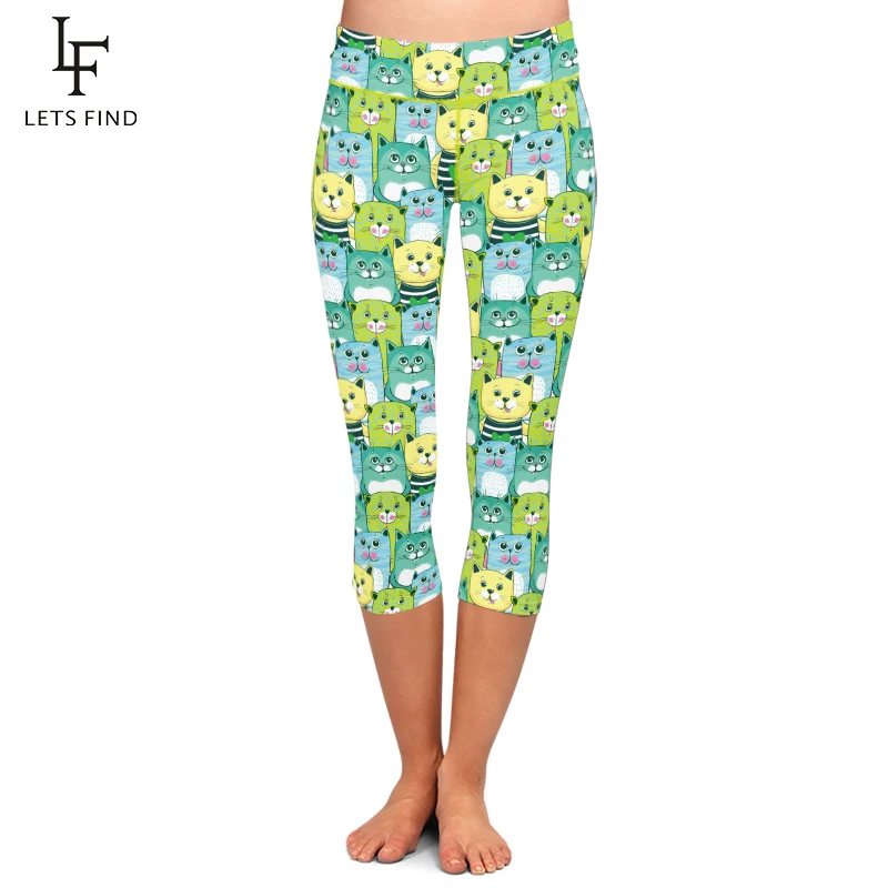 

Push Up Women Capri Leggings High Waist Plus Size 3D Cats Design Milk Silk Print Polyester Mid-Calf Fitness Leggings