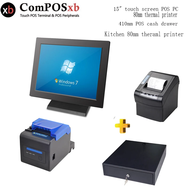 

Cash register 15 inch pos with Kitchen printer Cash drawer Sales terminal for restaurant all in one pos