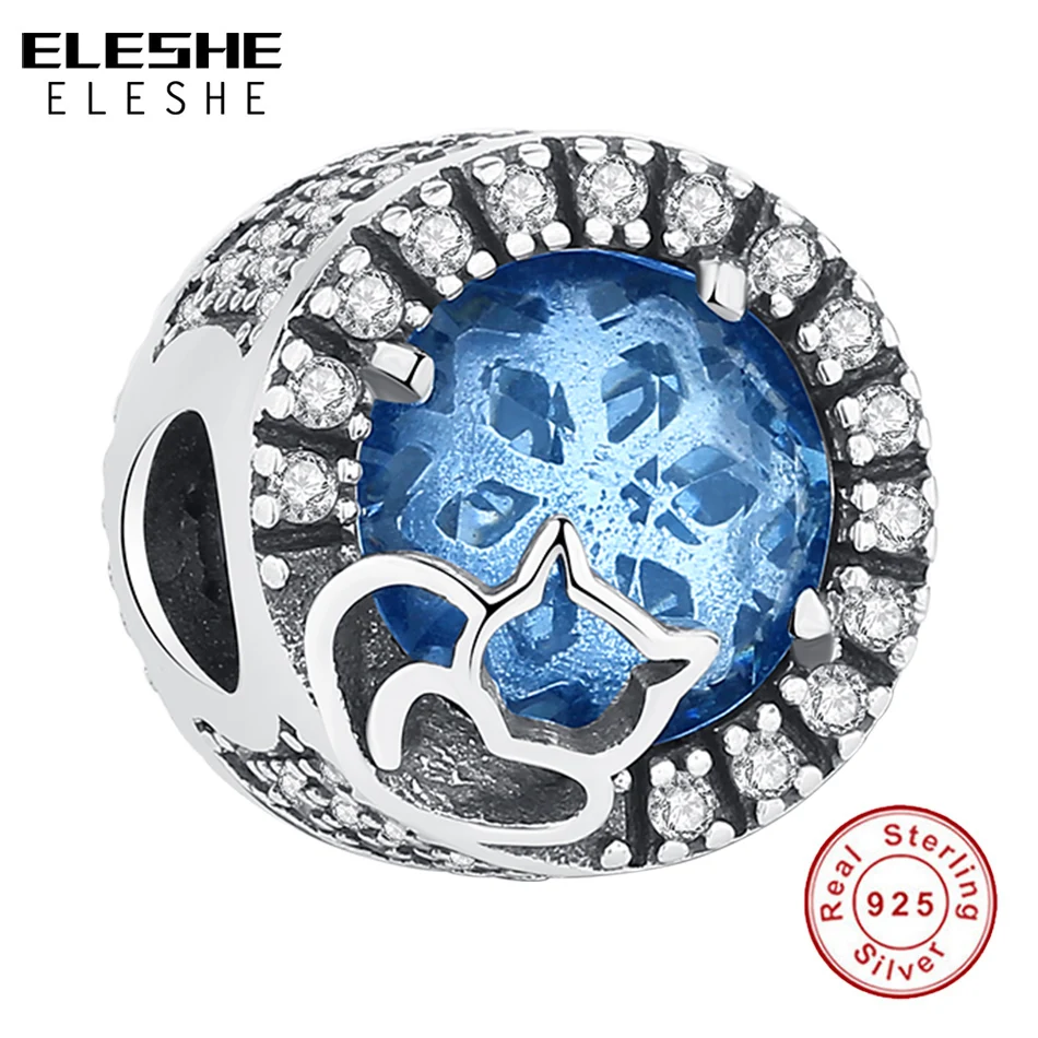

ELESHE S925 Fine Beads Sterling Silver Ocean Blue Crystal Naughty Pet Cat Charms fit Bracelet Bangle DIY Animal Jewelry Making
