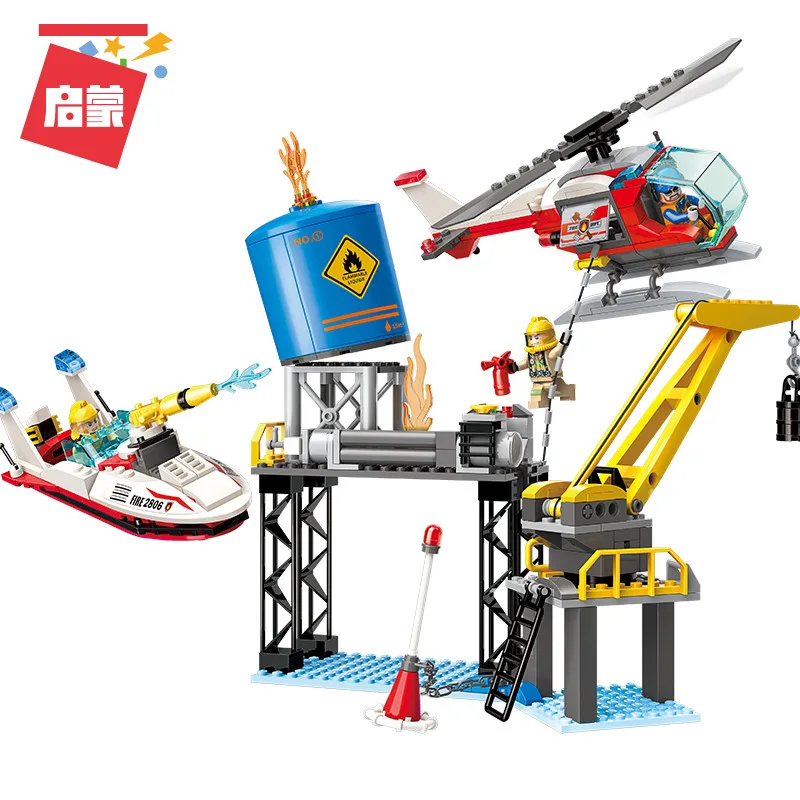 

321pcs Offshore Drilling Fire Fighting Car Helicopter Boat Building Bricks Compatible Fire Fighters Blocks for Kids Xmas Gifts