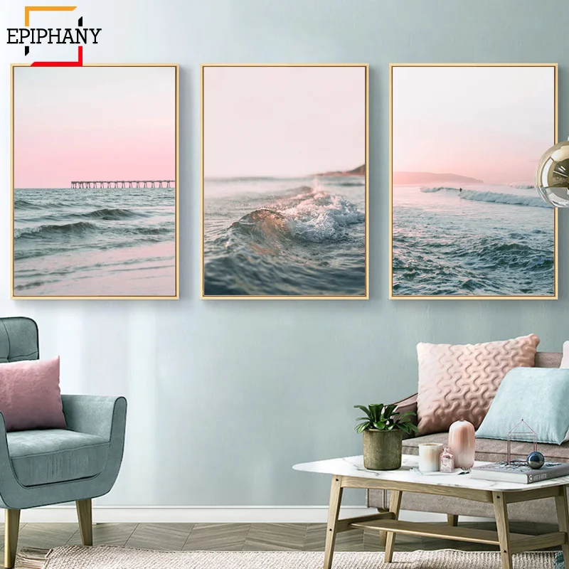 Современная Картина на холсте с принтом океана, Картина на холсте, пляж, Розовый закат, пейзажные волны, плакаты, настенные картины для гостиной