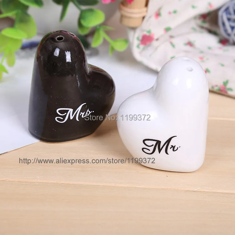

120sets 240pcs Mr. and Mrs. heart shaped Ceramic Salt Pepper Shakers + Wedding bridal shower Favors gifts Free shipping