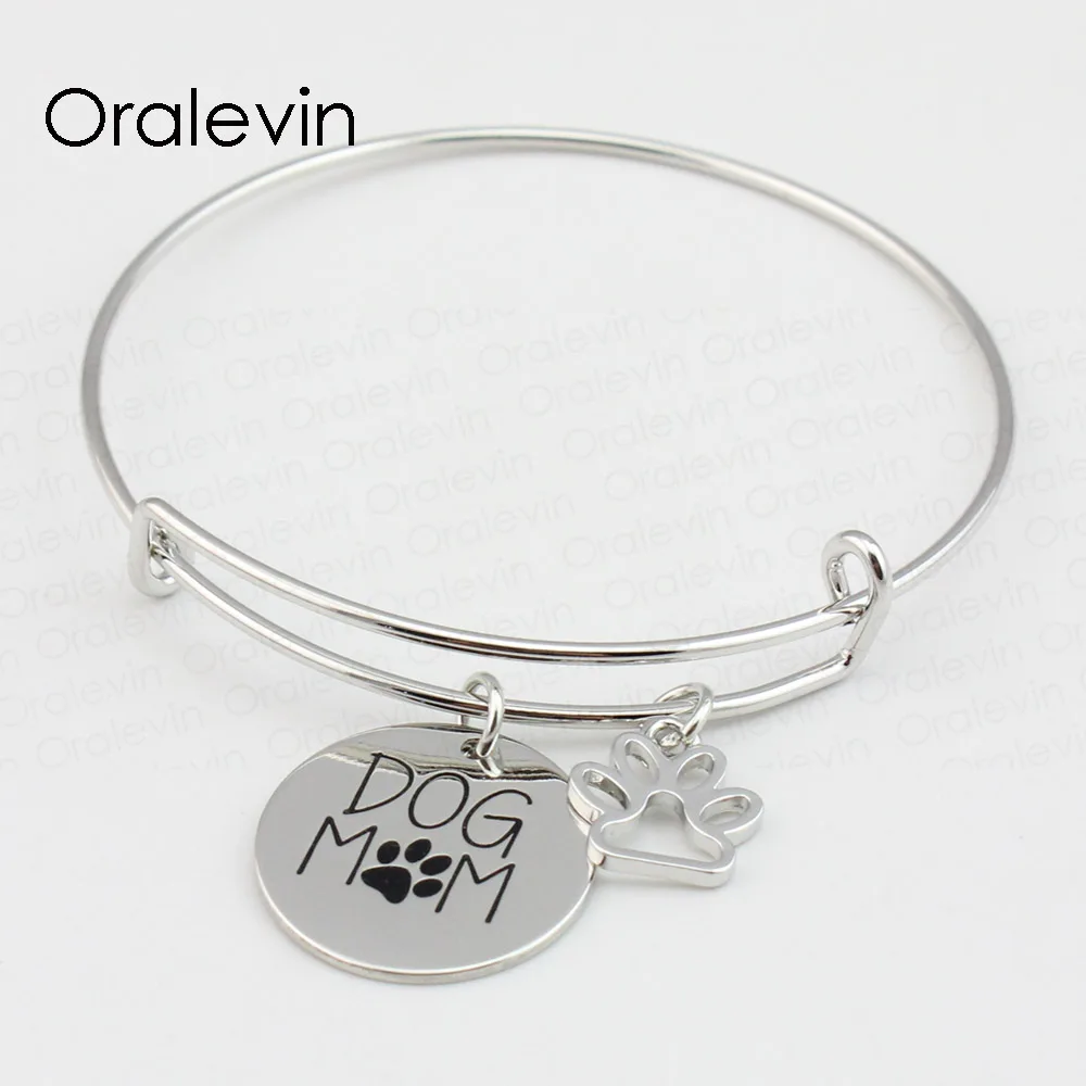 

DOG MOM Animal Dog Paw FootPrint Engraved Pendant Charm Expandable Wire Hand Stamped Pet Bracelet Bangle Gift, #LN380B