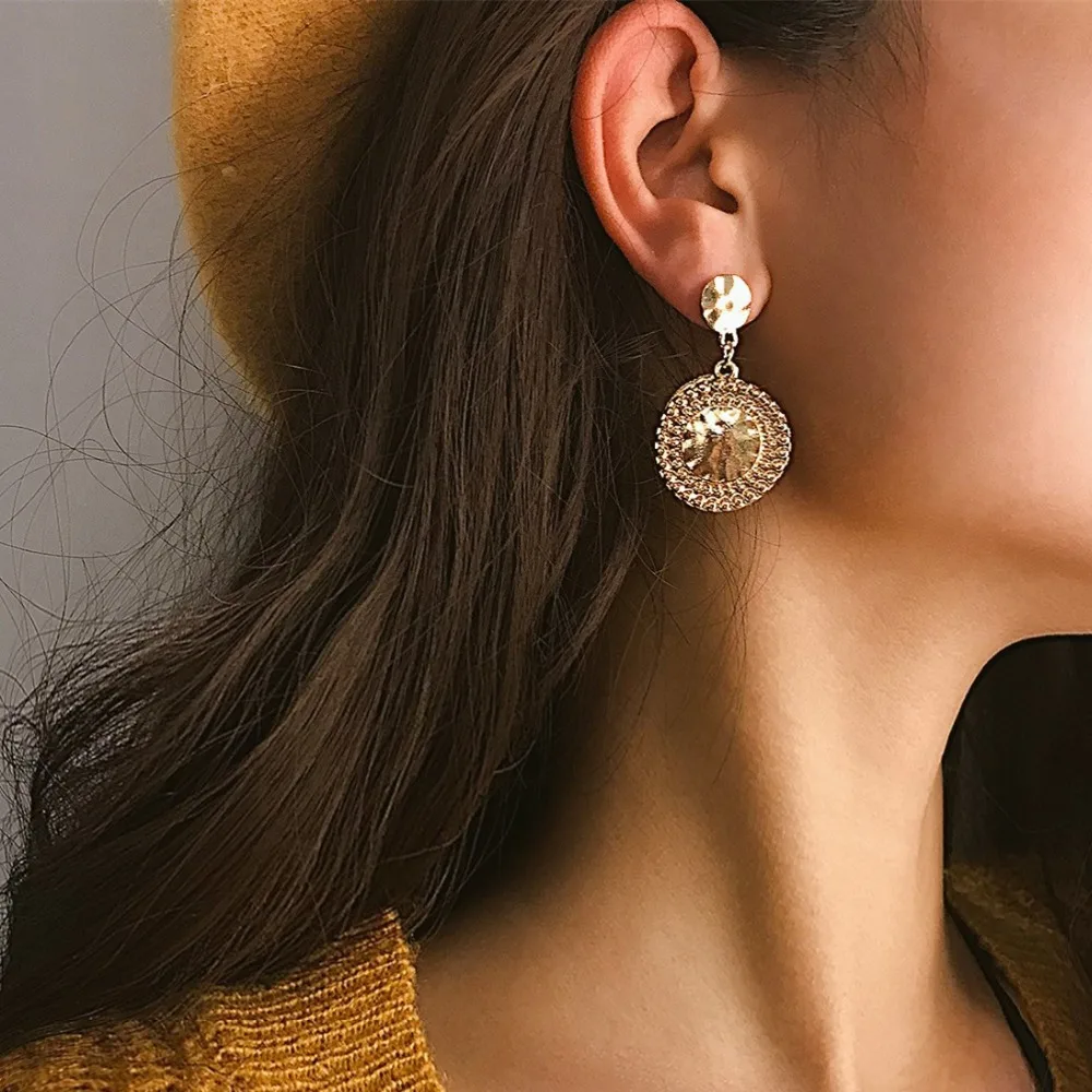 

IngeSight.Z Vintage Golden Dangle Earrings Statement Geometric Round Circle Drop Earrings for Women Jewelry Brincos Oorbellen