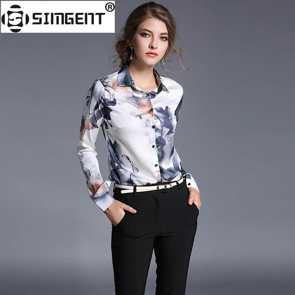 Tanie Simgent Eleganckie Bluzki 2018 Wiosna Z Długim Rękawem Turn Down Collar Floral Print Urząd Casual Bluzki i Koszule damskie Topy SG8153