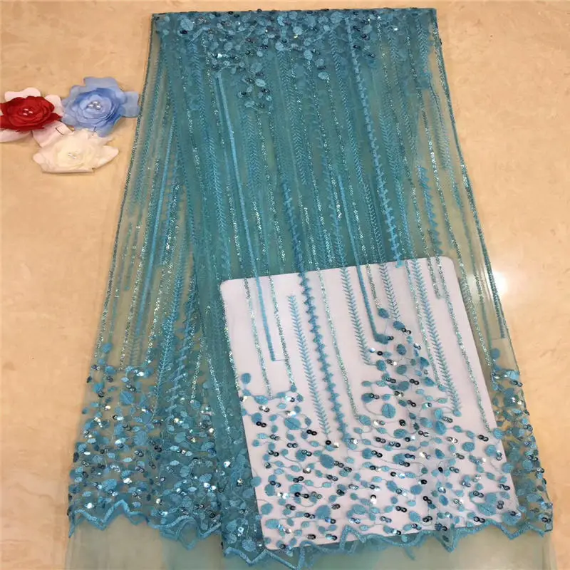 

Aqua Green Melody Organza French Laces Fabric 3D Sequins Flower embroidery African Lace Fabrics High Quality 2019 For Wedding