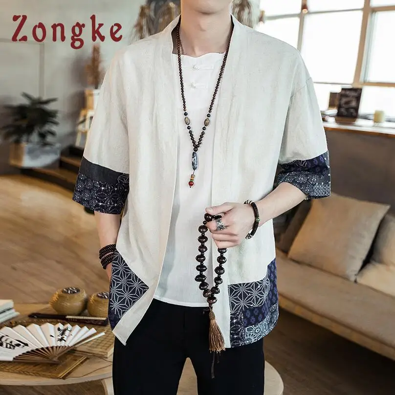 Zongke китайский стиль льняные кимоно кардиган пальто японское кимоно мужская куртка уличная одежда мужское кимоно куртка для мужчин Весна - Цвет: Linen