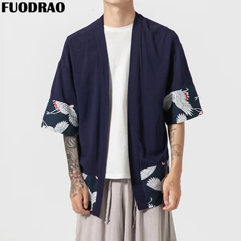 

FUODRAO Kimono Jacket Men Cotton Linen Japan Style Cardigan Jackets Coat Men Vintage Windbreaker Harajuku Streetwear 5XL J138