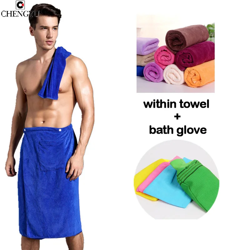 Man Wearing Cotton Bath Towel Bath Brushes Gloves Cotton Pocket Soft