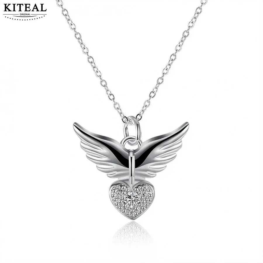 

Kiteal 2018 New Fashion Heart Angel Wing CZ 925 stamped silver plated Pendant Necklace Inlay Element Austrian Crysta